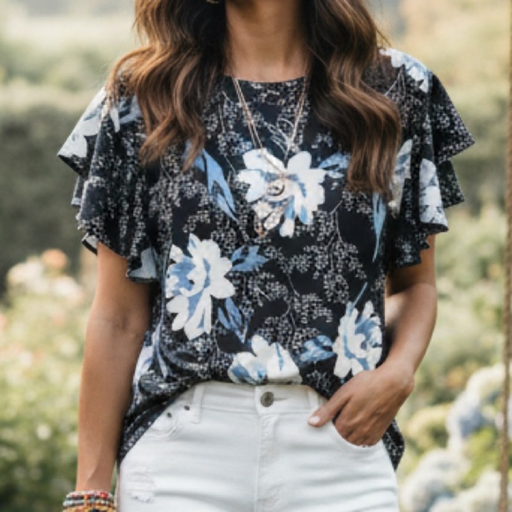 Floral PrinStory Blue Black Ruffle Sleeve Knit Top Size XL Extra Large